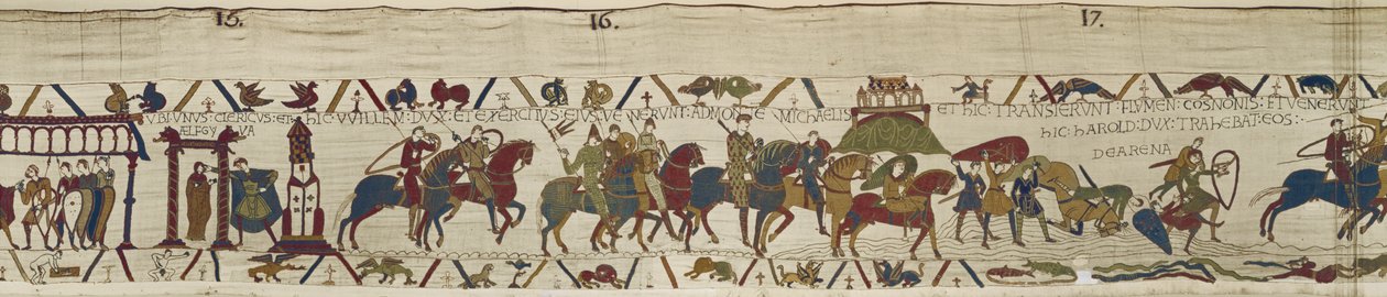 Hertug William leder hæren sin til Bretagne hvor Harold modig gjenoppretter soldater fra kvikksanden, Bayeux-teppet (ullbroderi på lin) av Unbekannt