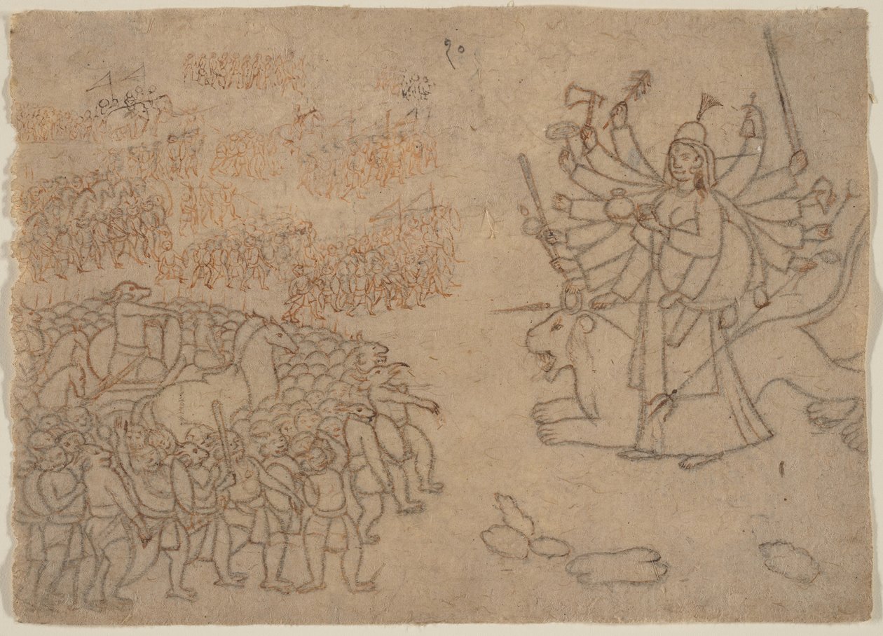 Durga konfronterer Army of the Demon Chikshura: Scene fra Devi Mahatmya, ca. 1780. av Unbekannt