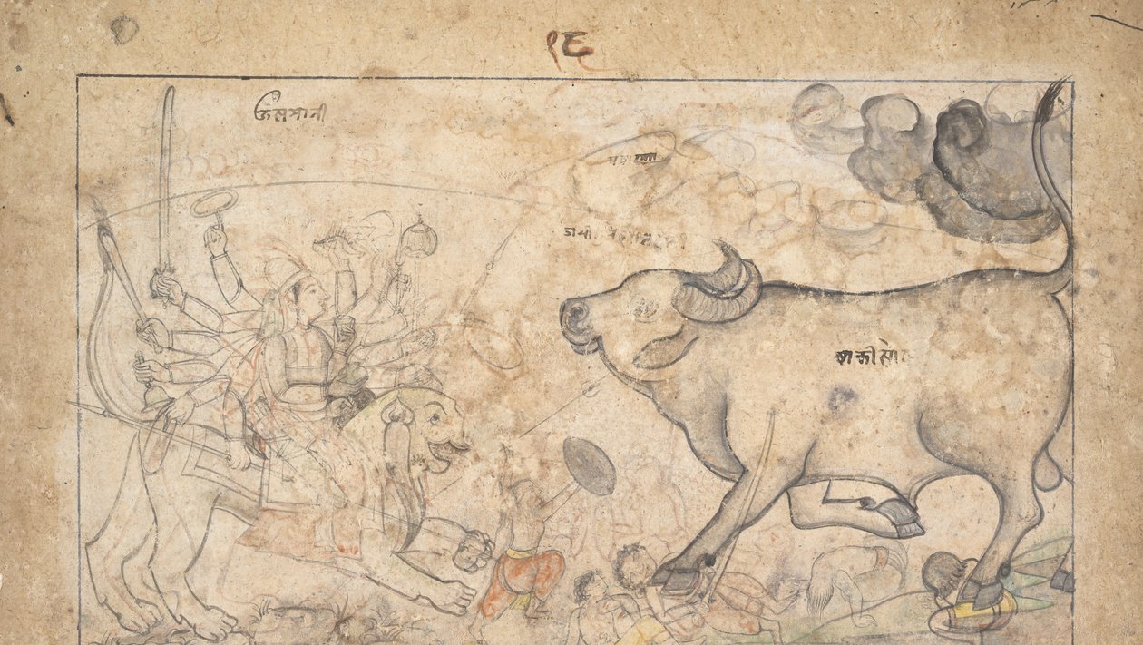 Durga konfronterer Buffalo Demon Mahisha: Scene fra Devi Mahatmya, Ka. 1780. av Unbekannt