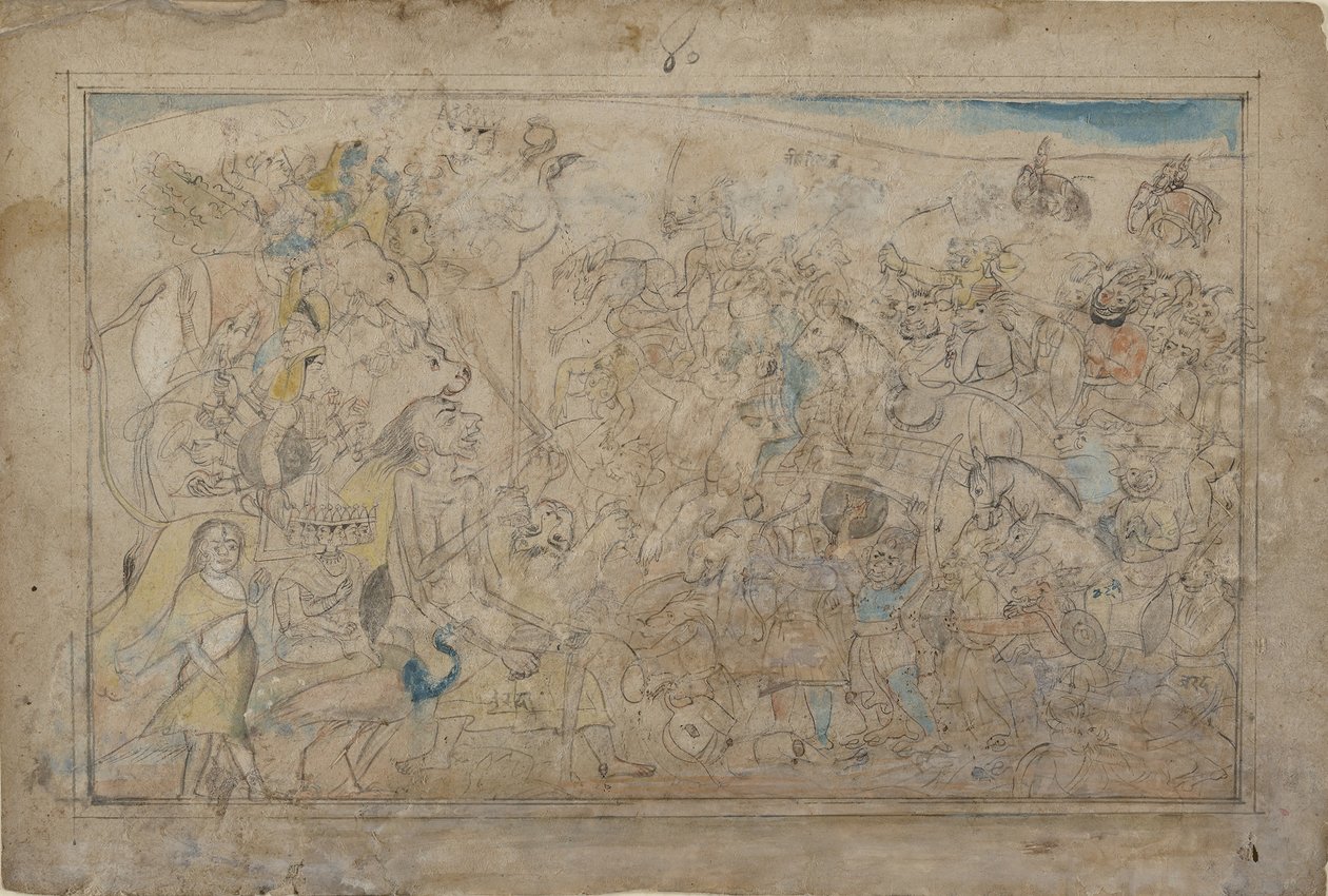 Durga, Kali og Five Matrikas kjemper mot Daitya-hæren til demonen Shumbha..., ca. 1780. av Unbekannt