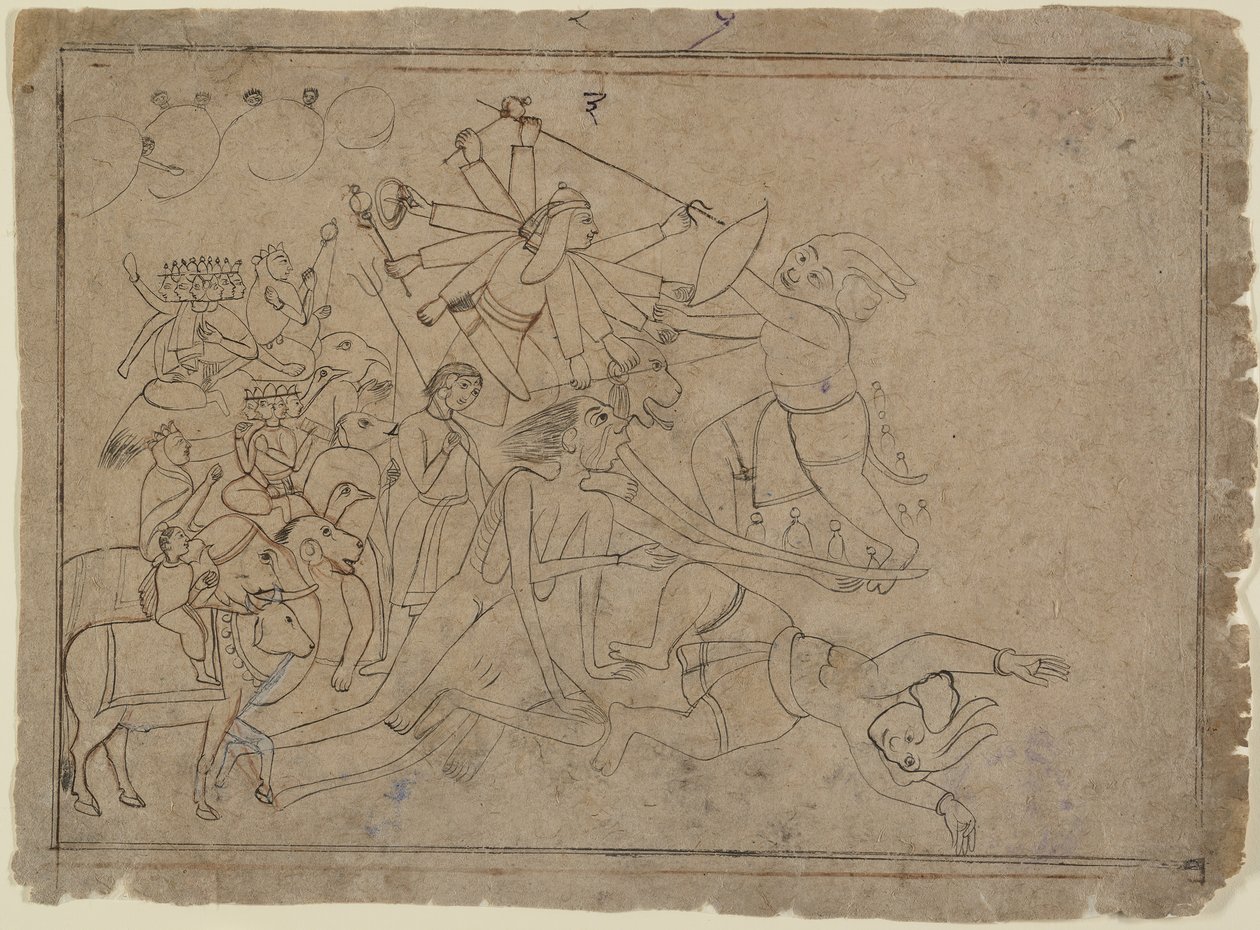 Durga, Kali og matrikane kjemper mot demonen Raktabija: scene fra Devi Mahatmya, Ka. 1780. av Unbekannt