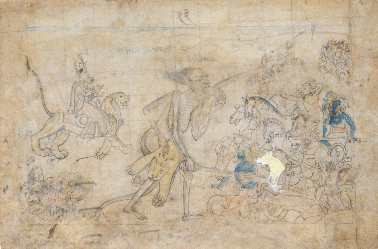 Durga og Kali nærmer seg de innsamlede hærene til Chanda og Munda..., ca. 1780. av Unbekannt