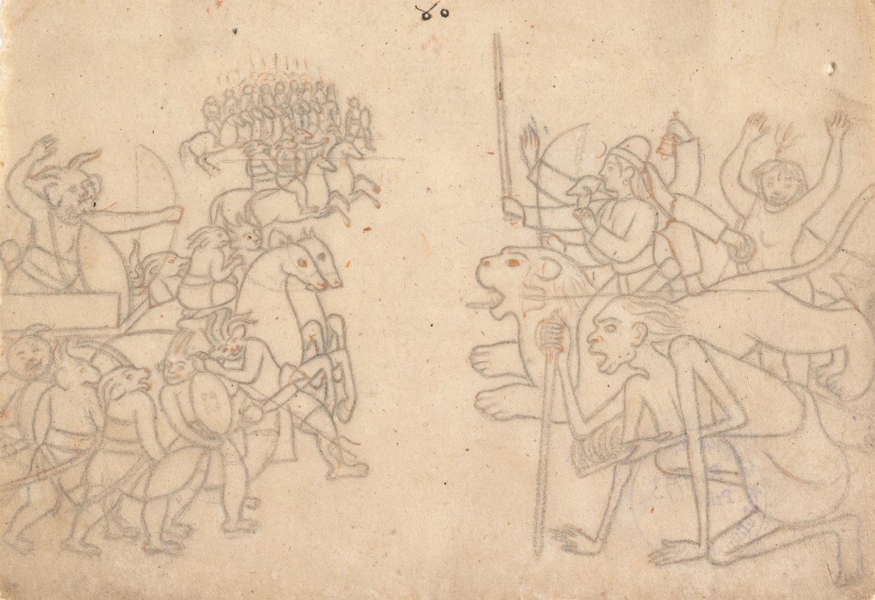 Durga og Kali nærmer seg de innsamlede hærene til Chanda og Munda... Devi Mahatmya, ca. 1780. av Unbekannt
