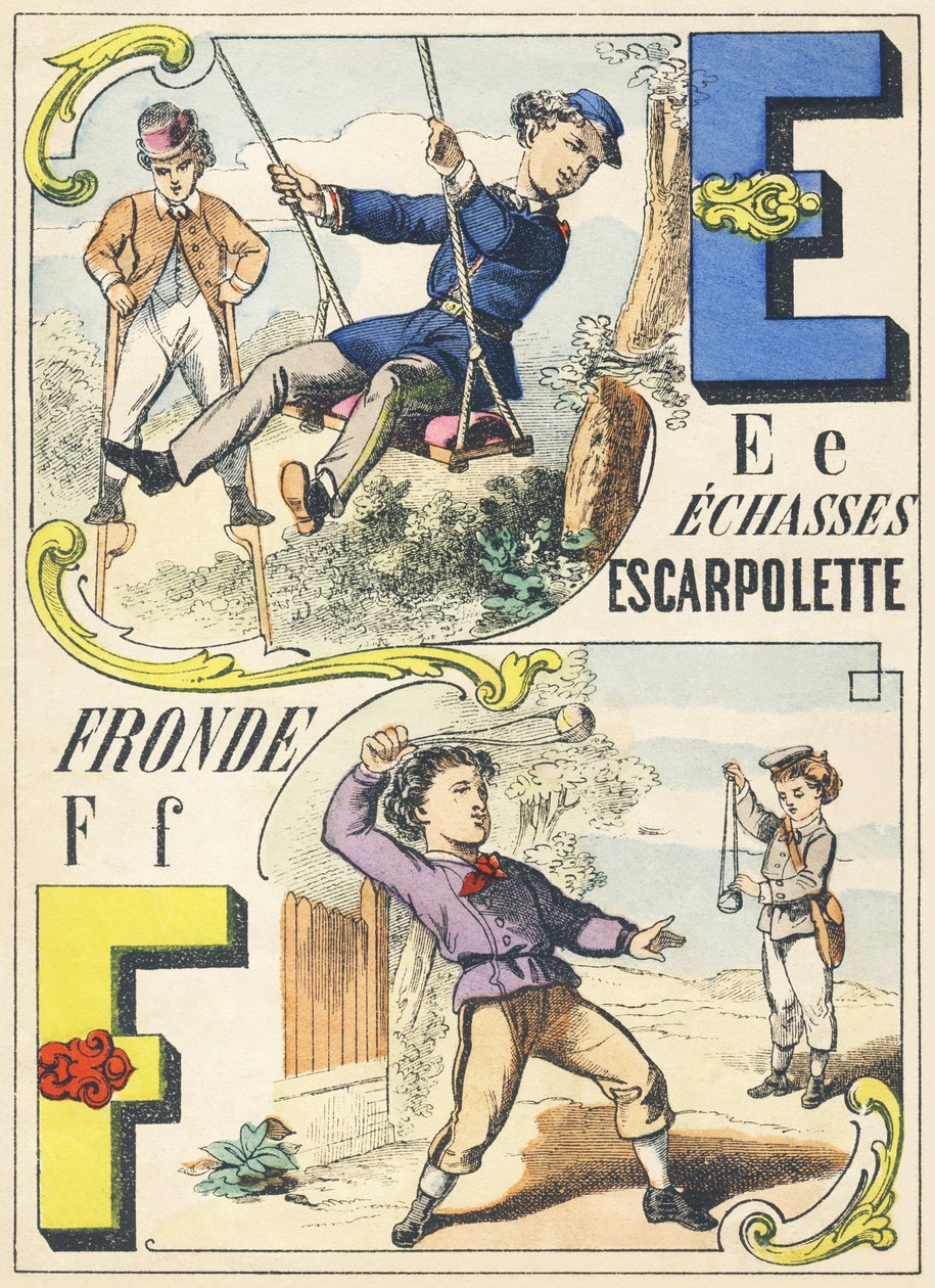 E F : echasses, escarpolette, fronde - Games Alphabet, ca. 1890 (illustrasjon) av Unbekannt