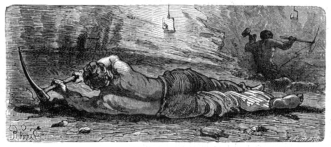 Tidlig 1800-talls kullgruvearbeider arbeider med en smal søm, c1868. av Unbekannt