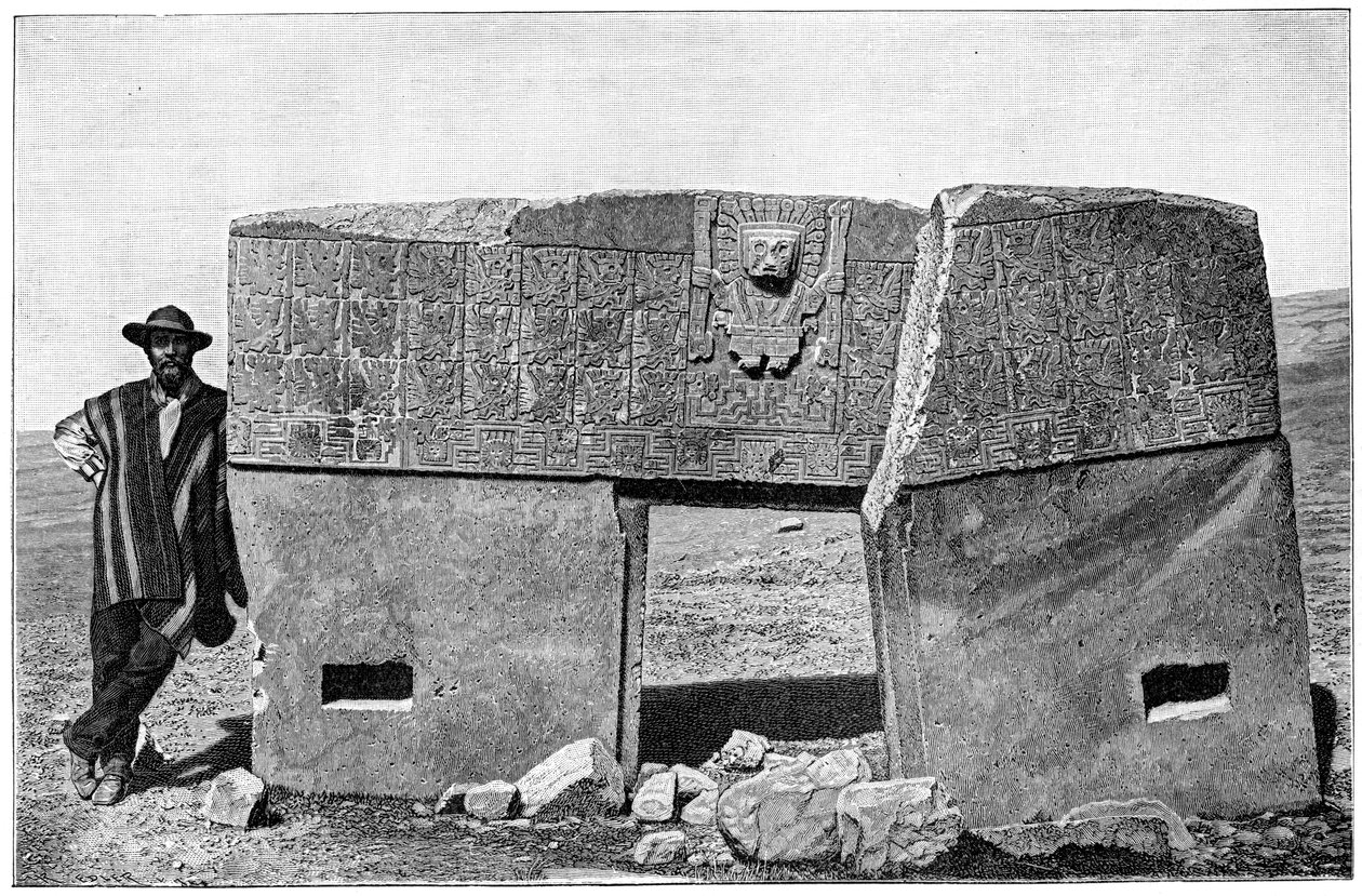 Østlig aspekt av den monolittiske porten til Akapana, Tiahuanaco, Bolivia, 1901 av Unbekannt