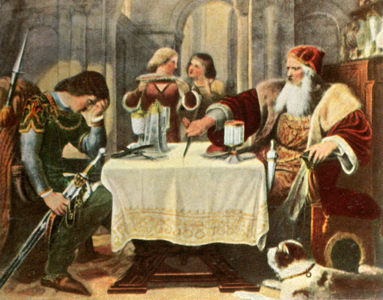 Eberhard skjærer i halve duken mellom seg og sønnen Ulrich, 1377, 1936. av Unbekannt