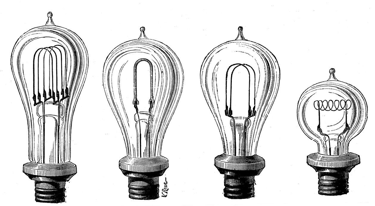 Edisons glødelamper som viser ulike former for karbonfilament, 1883 av Unbekannt
