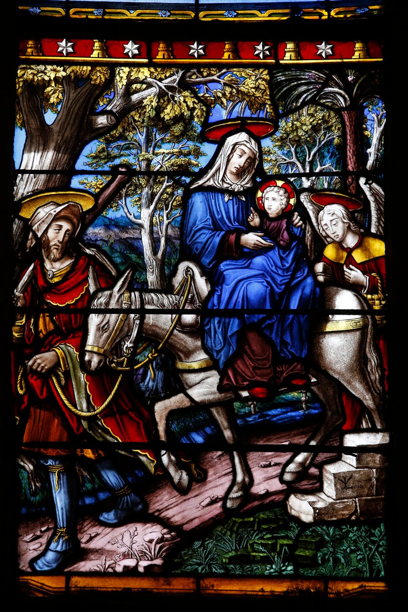 Saint-Remy-kirken i Troyes. Glassmaleri: Scener fra Jomfruens liv. Detalj: Flukten til Egypt. Vincent-Larcher verksted, 1800-tallet av Unbekannt