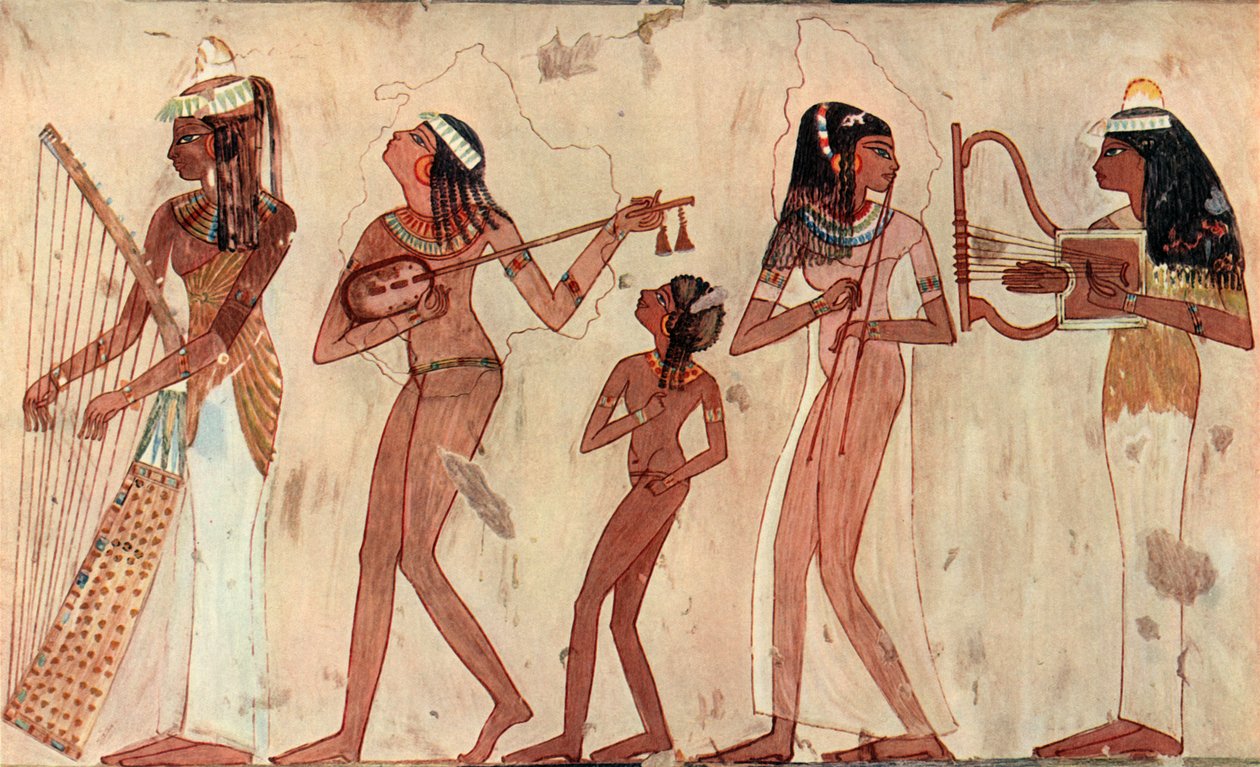 Egyptisk buet harpe, lut, dobbel obo og lyre, gravmaleri i Veset Theben ca. 1420-1411 f.Kr. av Unbekannt