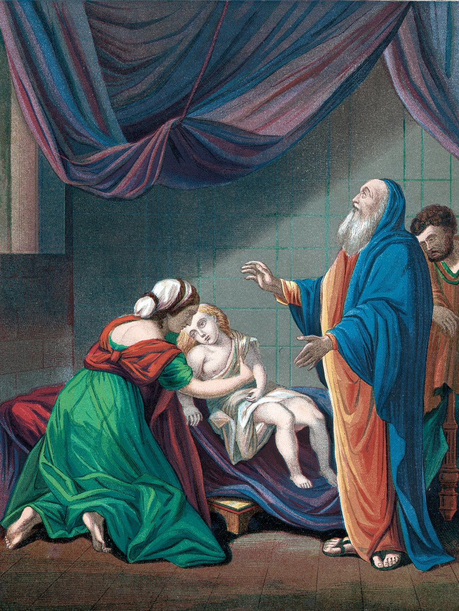 Elias, profet i Det gamle testamente, oppdrar enkenes sønn fra tilsynelatende død, c1860 av Unbekannt