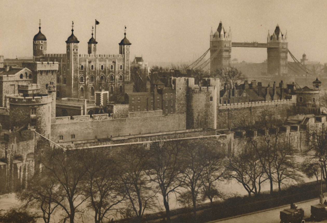 Omstridte vollene til Tower of London sett på lag fra de høye varehusene i Tower Hill av Unbekannt