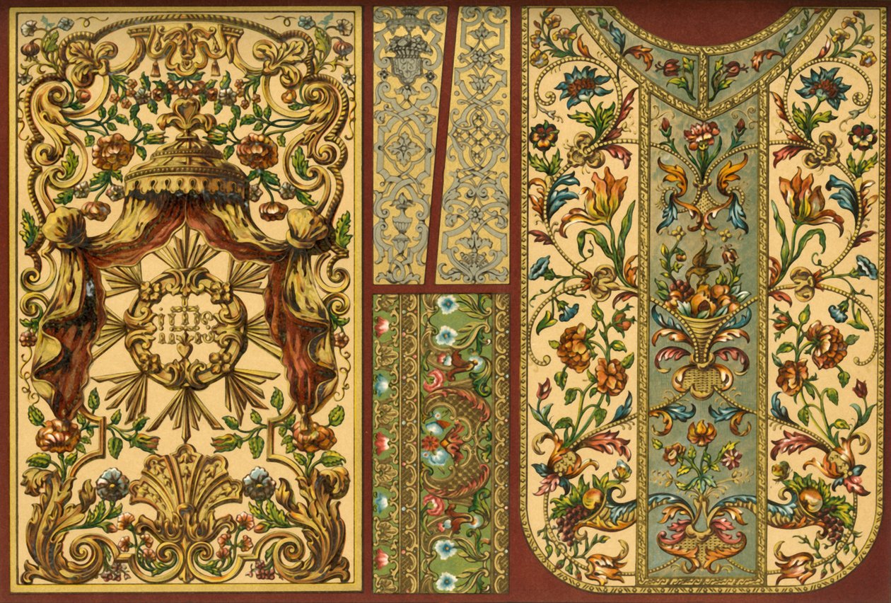 Broderi, lærteppe, gullsmedarbeid, 1600-, 1700- og 1800-tallet, 1898. av Unbekannt