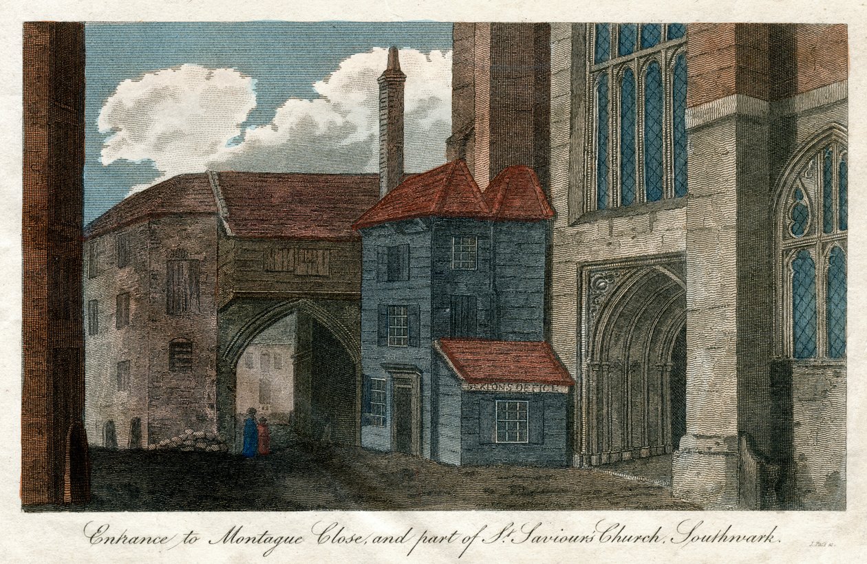 Inngang til Montague Close, og en del av St Savios Church, Southwark, London, 1814 av Unbekannt