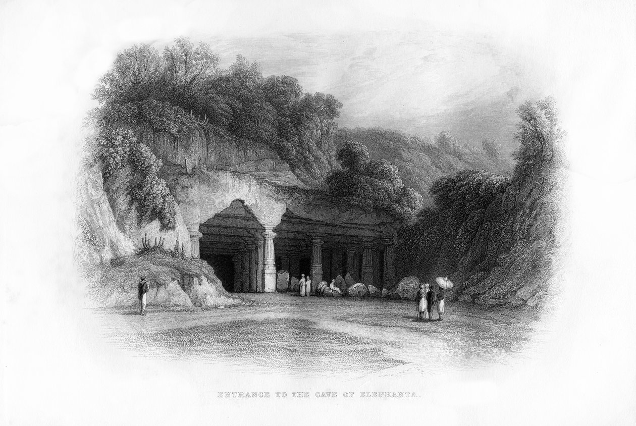 Inngang til Elephanta-hulene, Bombay, India, 1800-tallet av Unbekannt