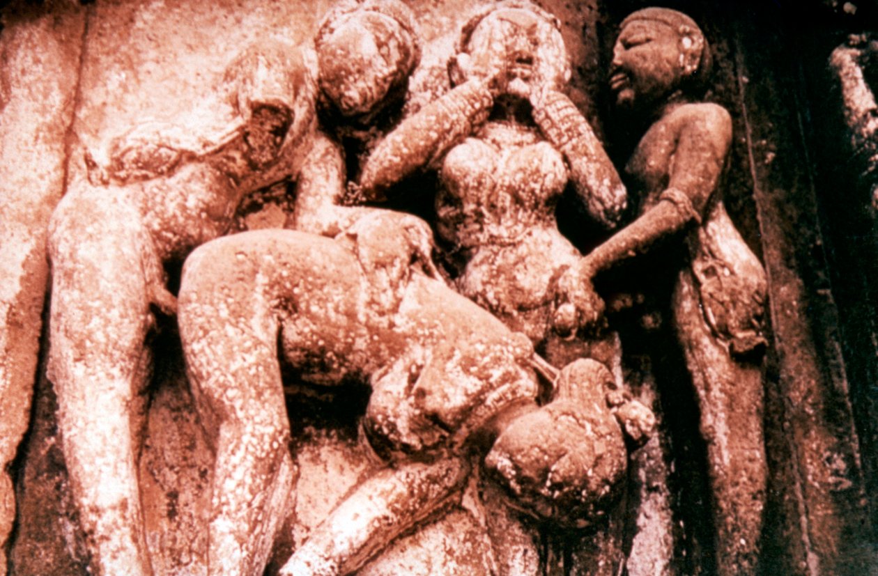 Erotisk skulptur, hinduistisk tempel, Khajuraho, India, 950 - 1050 av Unbekannt