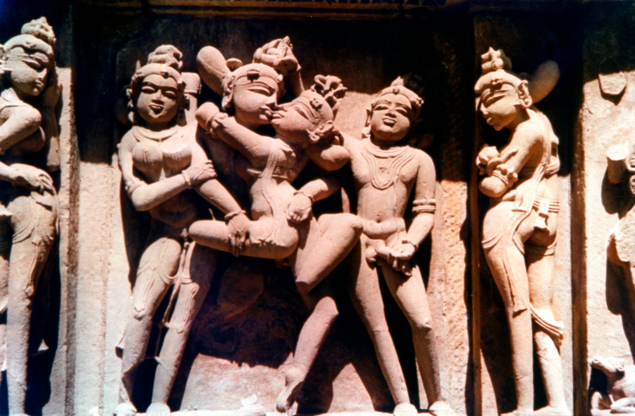 Erotisk skulptur, hinduistisk tempel, Khajuraho, India, 950 - 1050 av Unbekannt