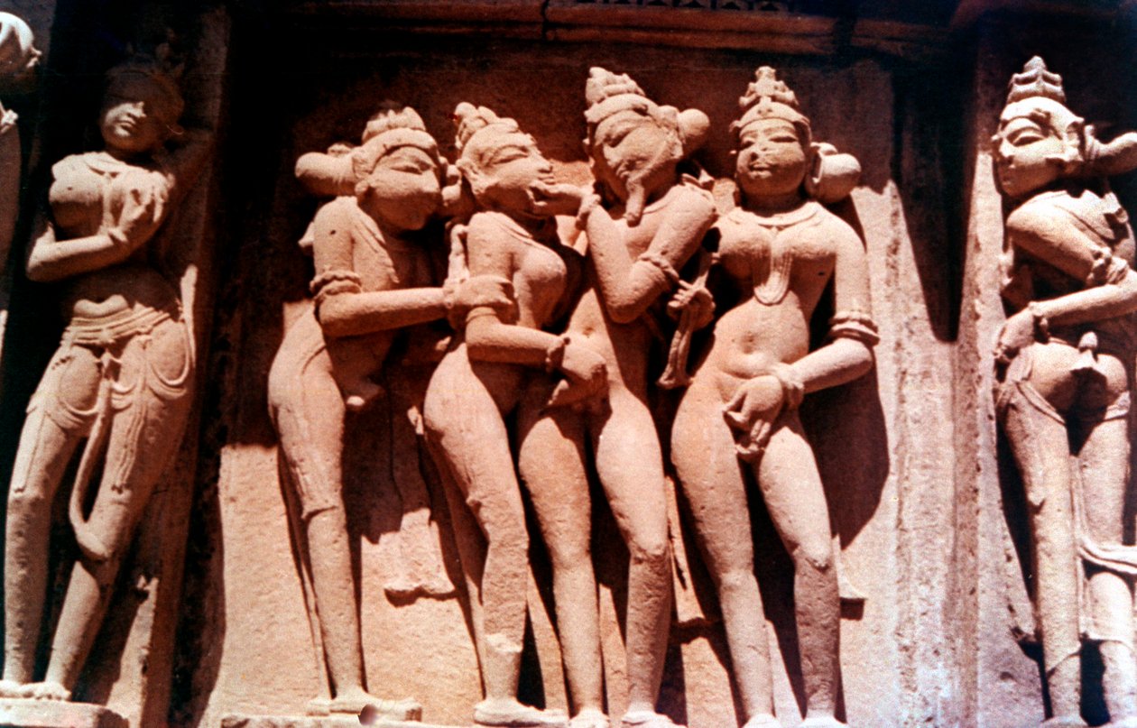 Erotisk skulptur, hinduistisk tempel, Khajuraho, India, 950 - 1050 av Unbekannt