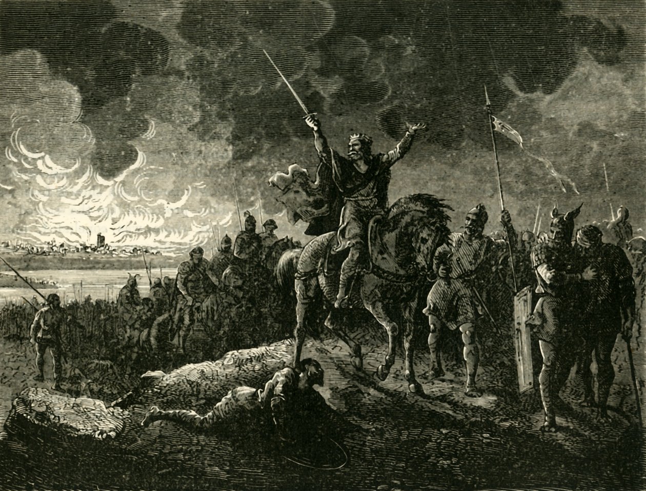 Eudes, hertug av Aquitaine, på flukt fra Bordeaux, avfyrt av saracenerne, 732AD, 1890. av Unbekannt