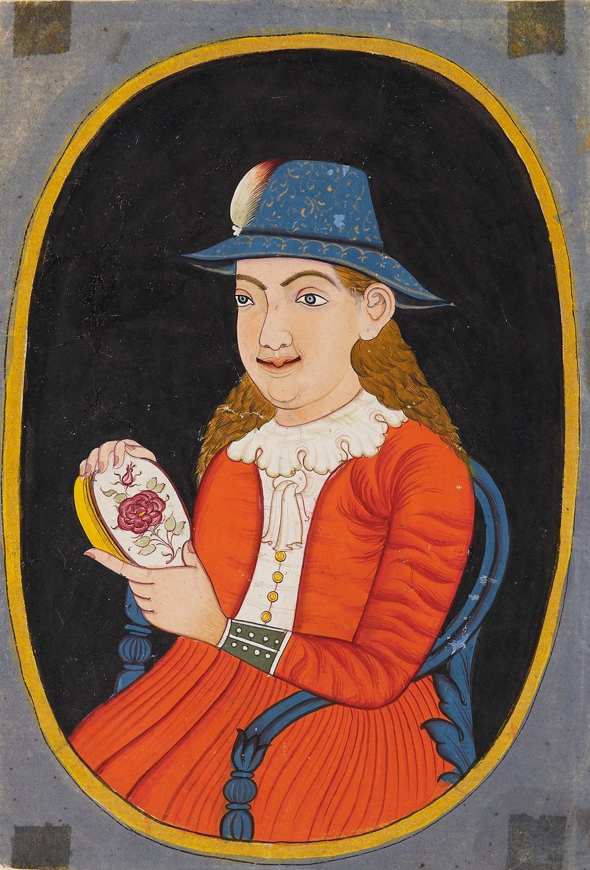 Europeisk, sannsynligvis nederlandsk, kvinne som holder en emaljert boks, 1700-1800-tallet av Unbekannt