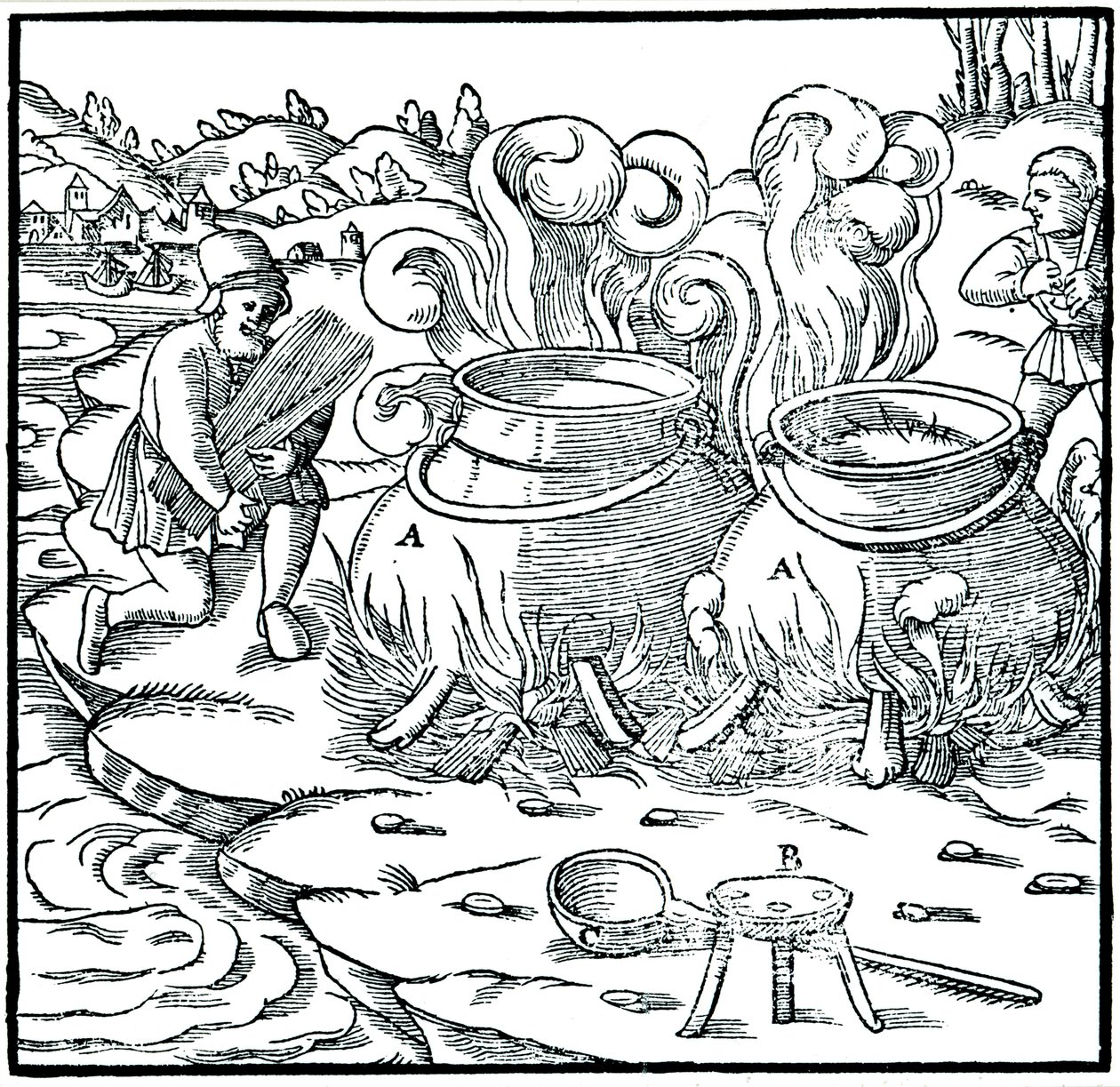 Fordamping av sjøvann i jerngryter for å oppnå salt, 1556 av Unbekannt