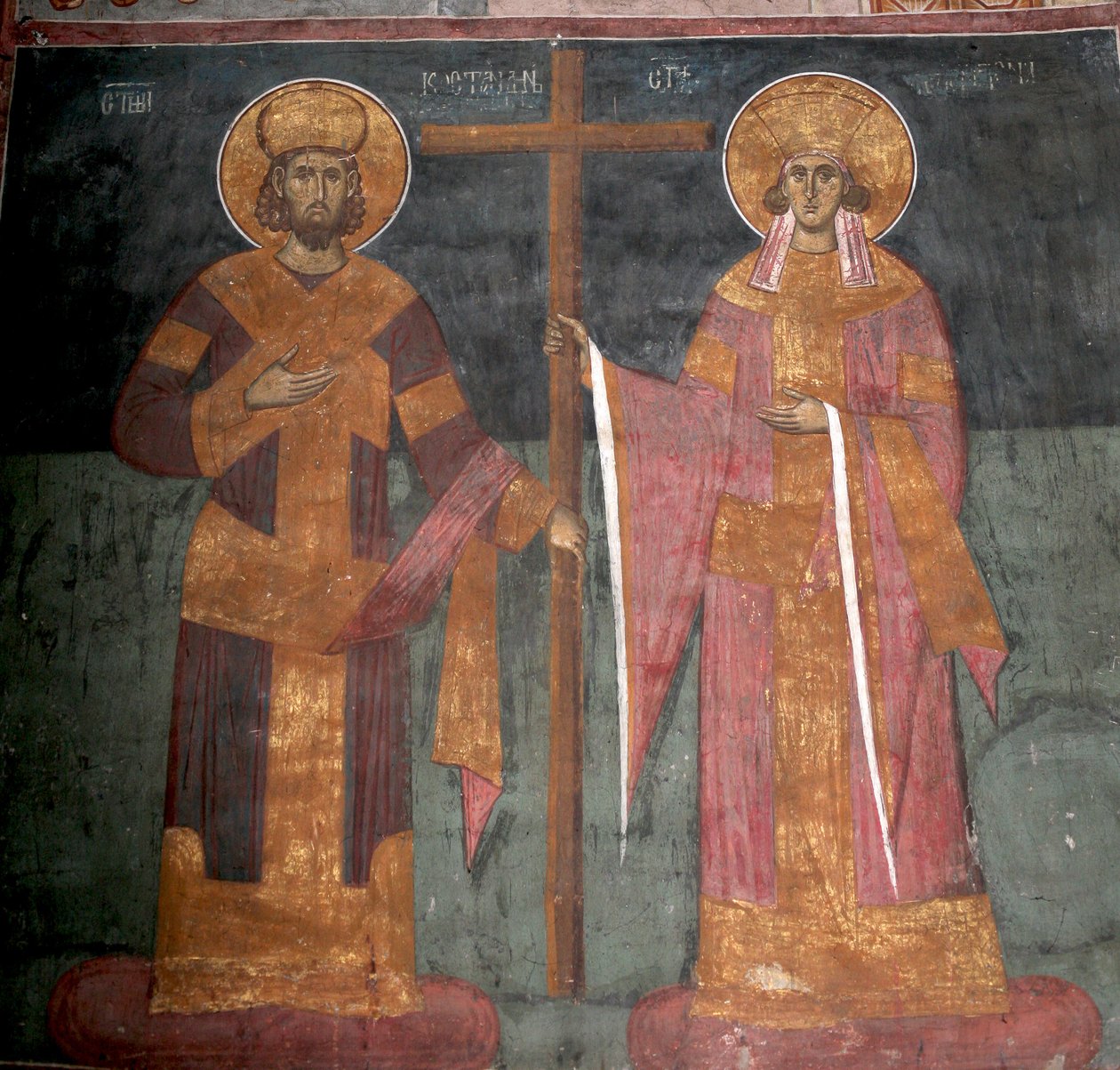 Korsets opphøyelse. De hellige Konstantin den store og Helena, ca 1350 av Unbekannt