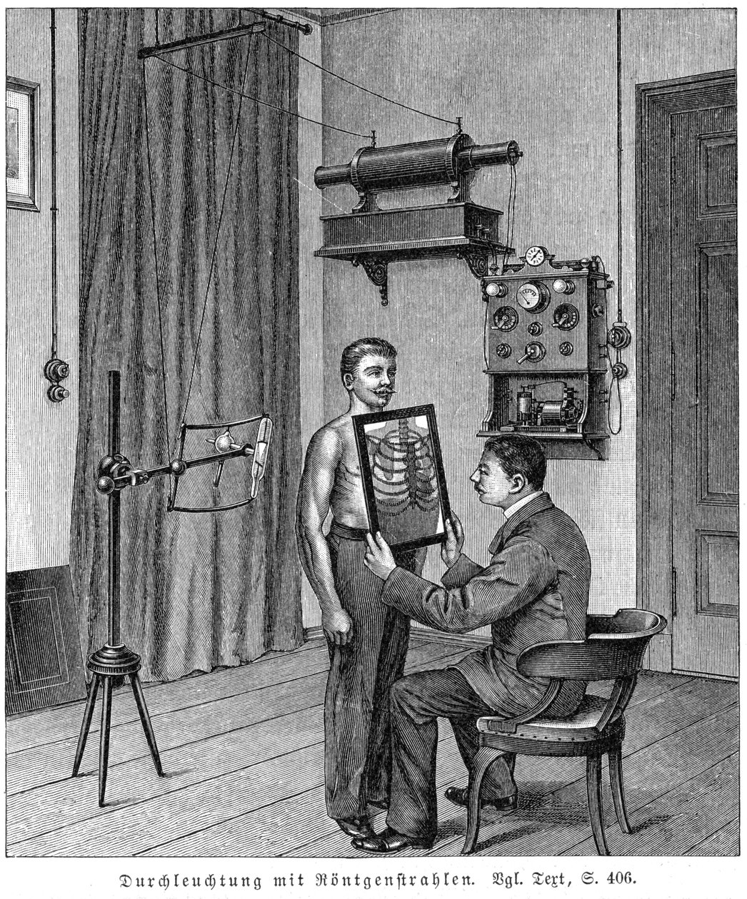 Undersøker en pasients thorax ved hjelp av et røntgenrør og fluorescerende skjerm, 1903 av Unbekannt