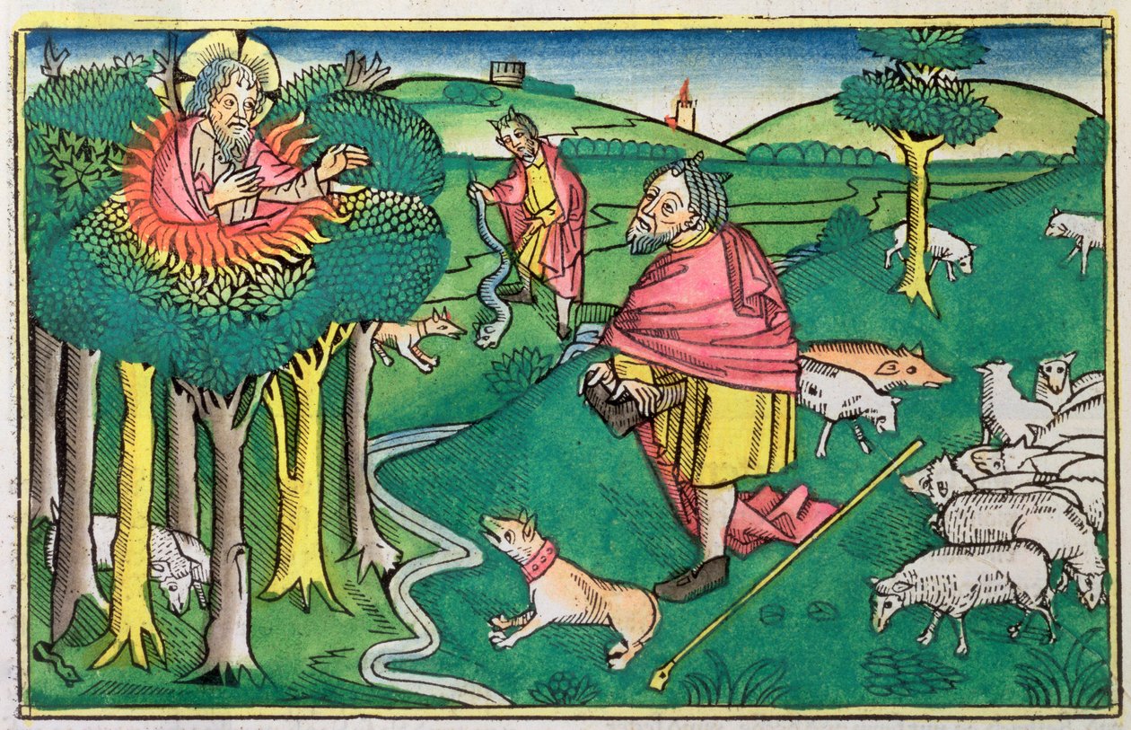 2. Mosebok 3:1-22 og 4:1-4: den brennende busken og Gud som bevæpner Moses med den mirakuløse staven av Unbekannt
