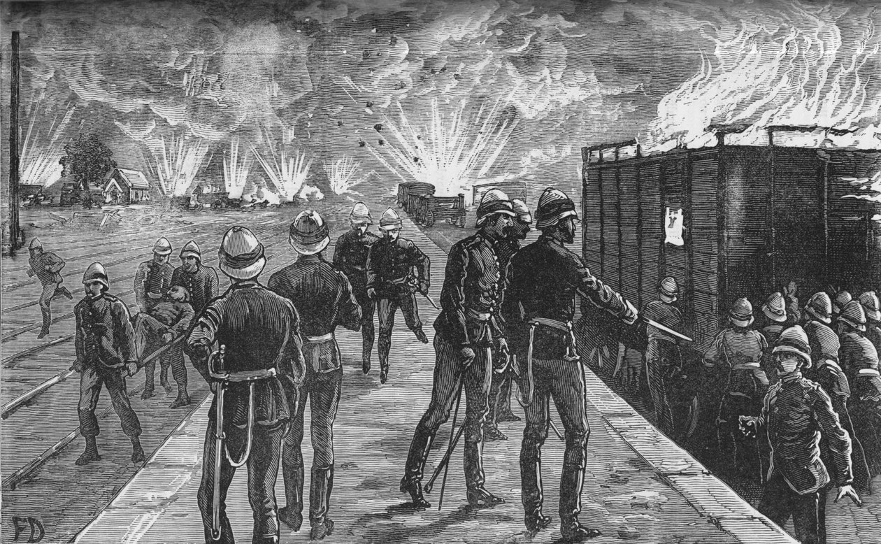 Eksplosjon ved Kairo jernbanestasjon: sprengning av skjell og ammunisjon, c1882-85 av Unbekannt