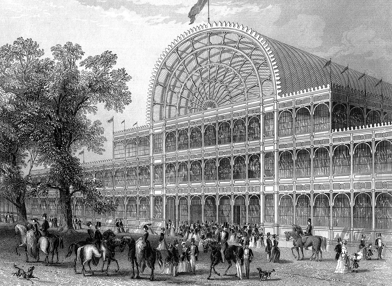 Eksteriør av det nordlige tverrskipet til Crystal Palace, London, bygget for den store utstillingen, 1851 av Unbekannt