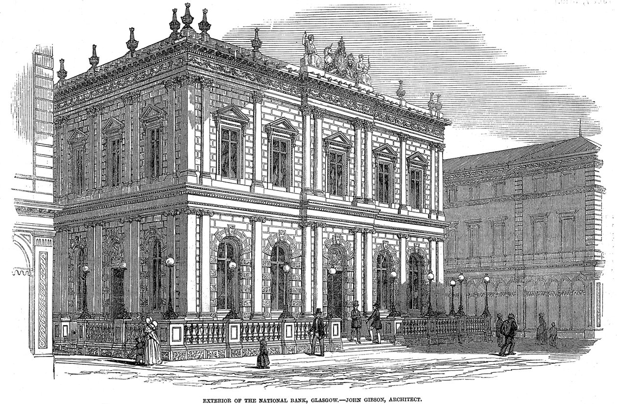 Utvendig utsikt over National Bank, Glasgow, Skottland, c1850 av Unbekannt