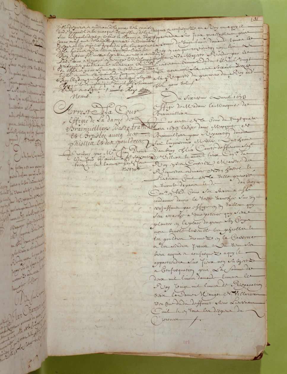 Utdrag fra Conciergerie-registrene om dødsdommen ved henrettelse og brenning av Marquise de Brinvilliers, april 1673 (penn og blekk på papir) av Unbekannt