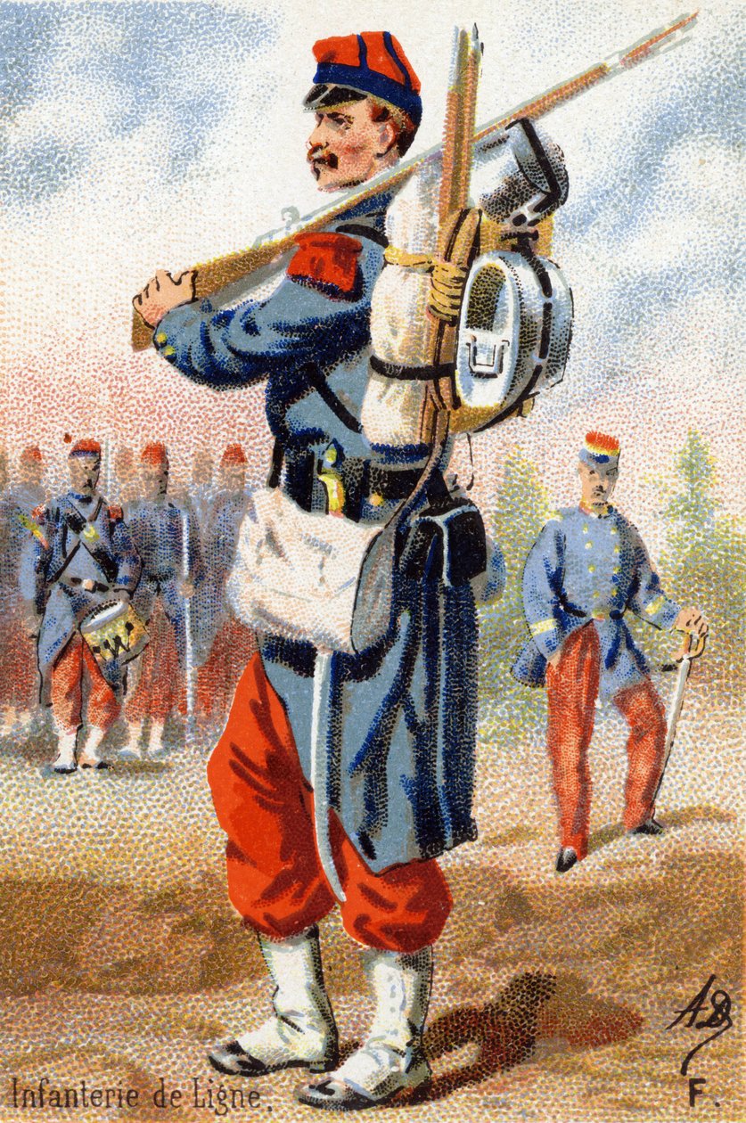 F: Linjeinfanteri. Gravering i "Militæralfabetet" . Illustratorens initialer: A. D. Ukjent utgiver. Kromolitografier sent på 1800-tallet. Mål: 10,5x7 cm. av Unbekannt