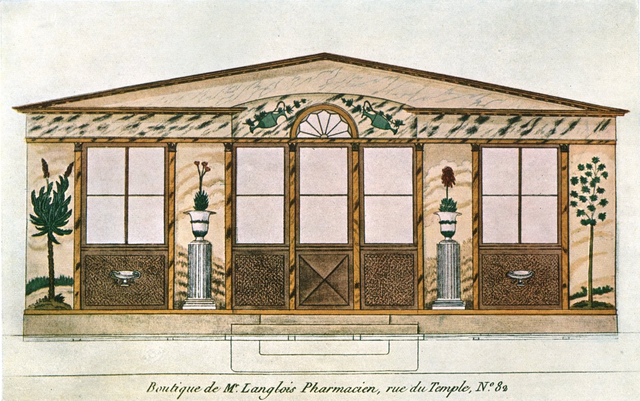 Fasademaleri av Langlois Apothecarys Shop, Paris, Frankrike, 1928. av Unbekannt