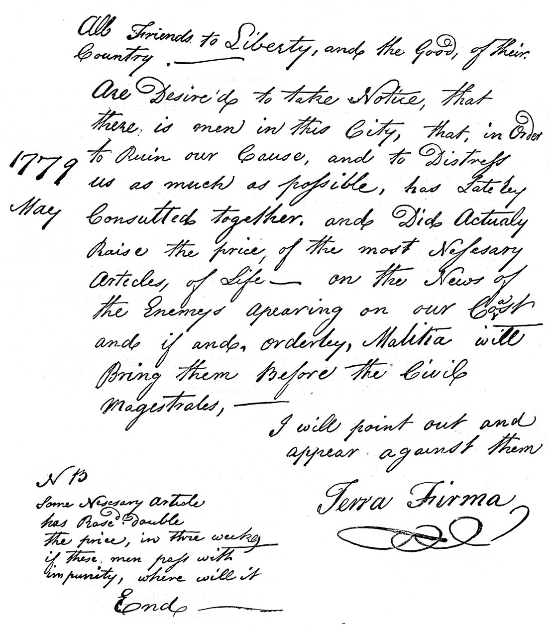 Faksimile av en erklæring om mangel på mat i Amerika, 1779 c1880 av Unbekannt