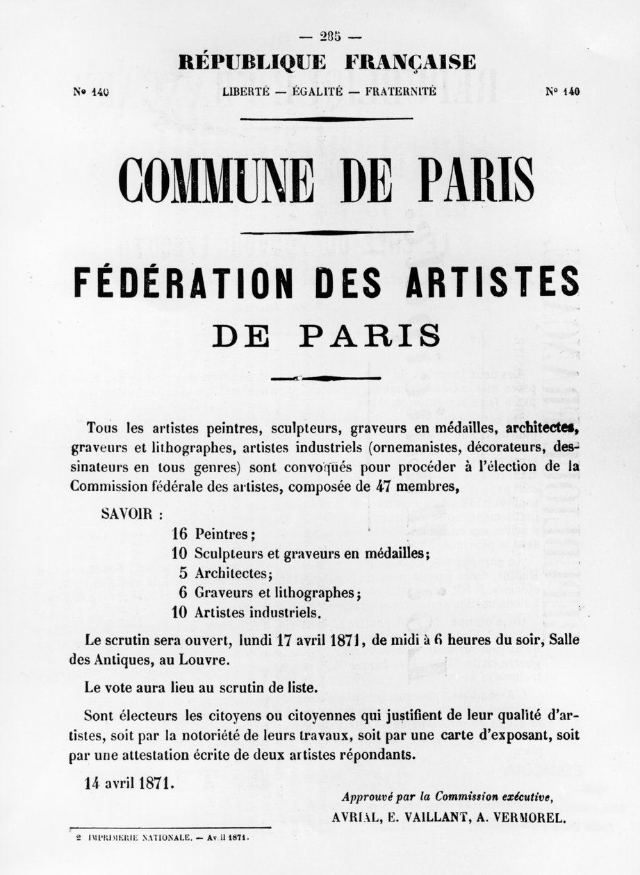 Federation des Artistes, fra franske politiske plakater fra Paris-kommunen, mai 1871 av Unbekannt