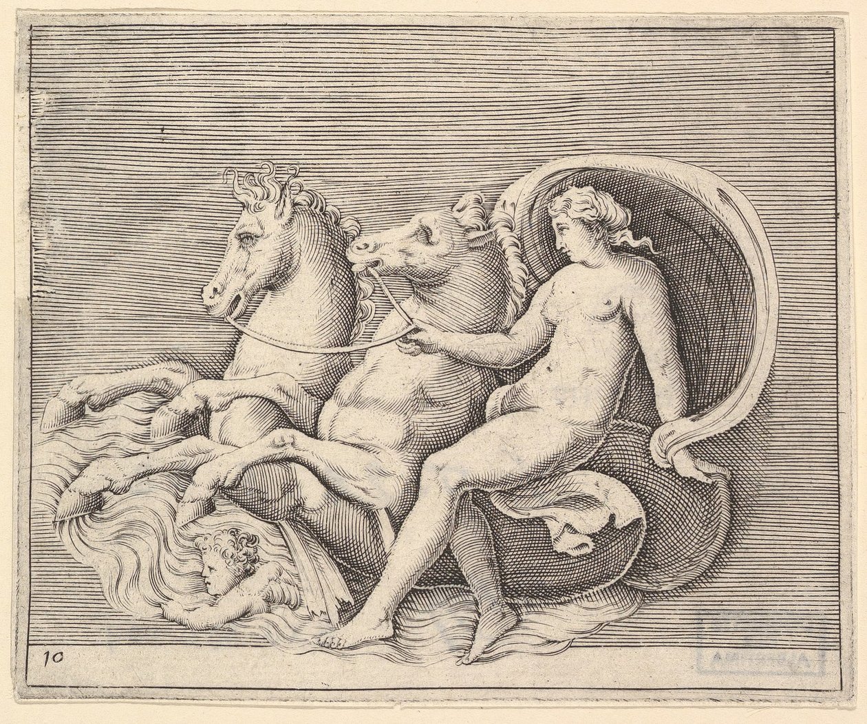 Naken kvinne med to sjøhester, publisert ca. 1599-1622. av Unbekannt
