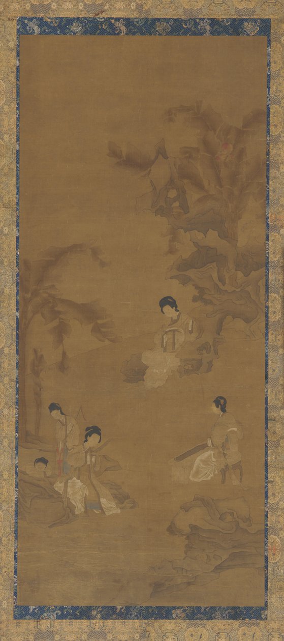 Kvinnelige musikere i en hage under bananpalmer, Ming-dynastiet, 1368-1644. av Unbekannt