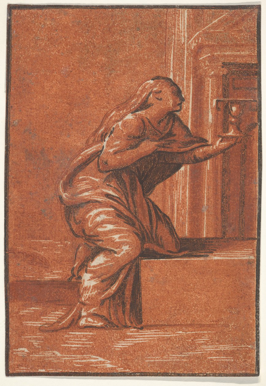 Kvinnelig personifisering av Faith som kneler og hever en kalk i venstre hånd, af..., ca. 1520-1560. av Unbekannt
