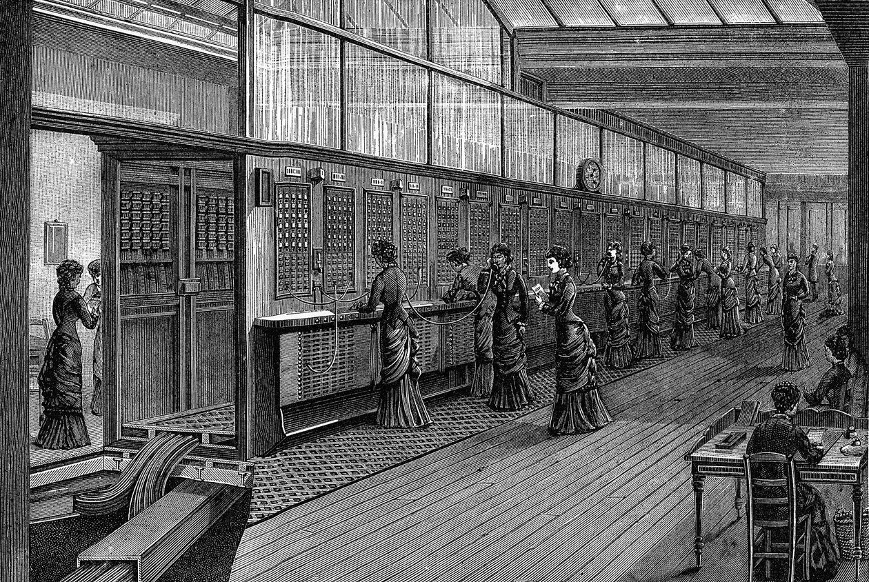 Kvinnelige telefonister ved den sentrale telefonsentralen, Paris, 1890 av Unbekannt