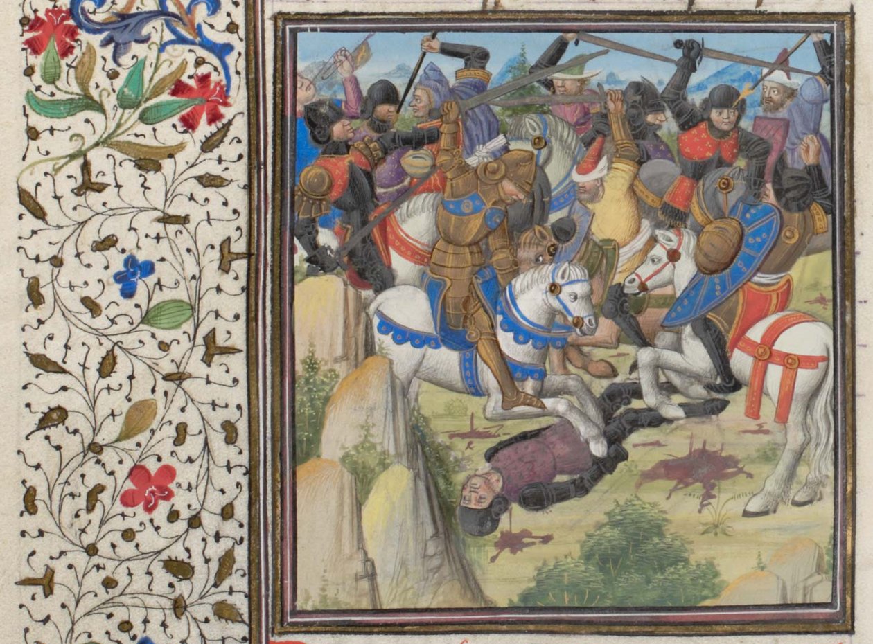 Kamp mellom kristne og sarasenere under Saladin. Miniatyr fra Historia av William av Tyrus, 1460-tallet av Unbekannt