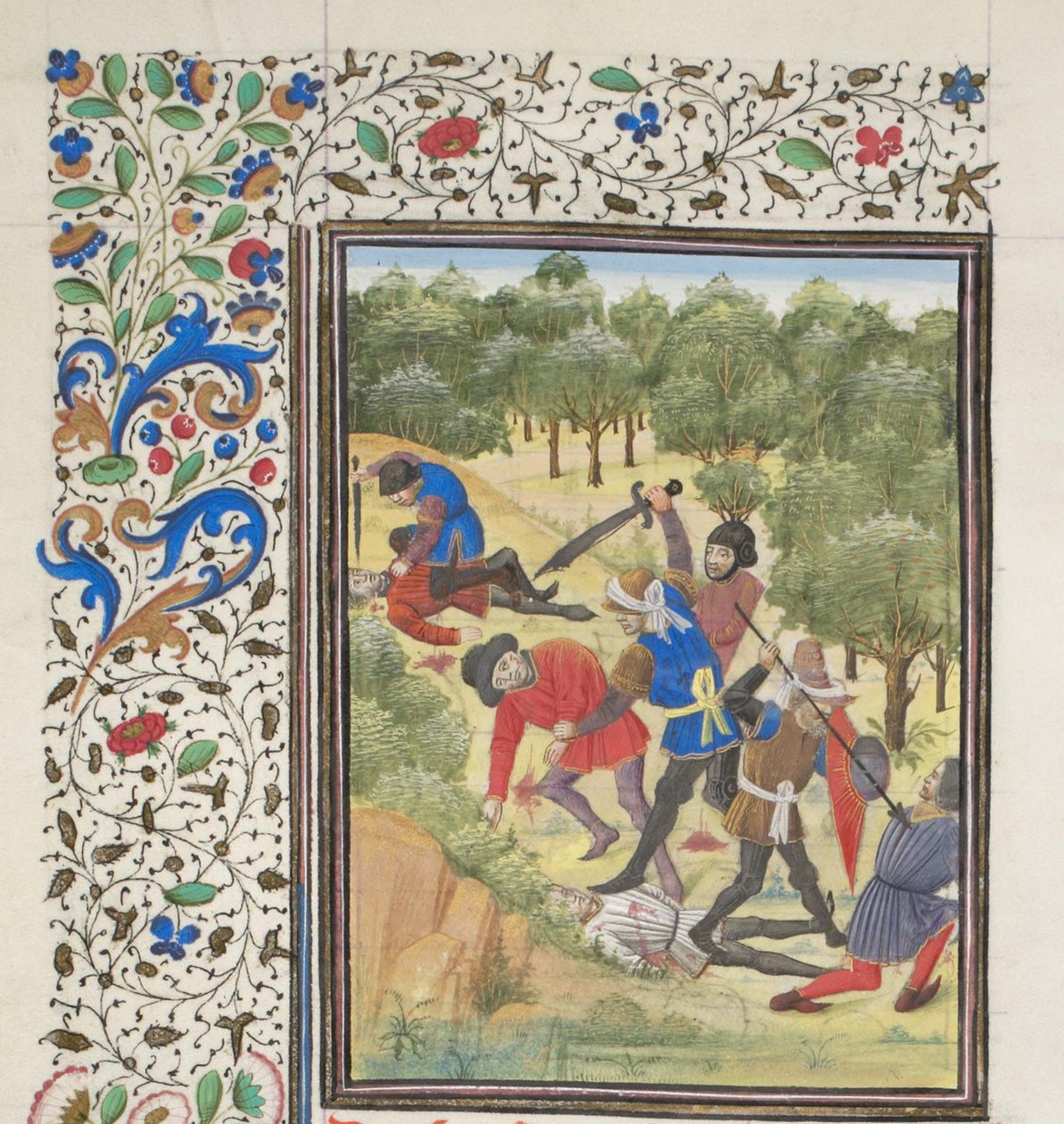 Slåss i en skog mellom kristne og sarasenere. Miniatyr fra Historia av William av Tyrus, 1460-tallet av Unbekannt