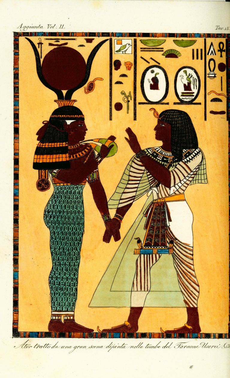 Figur av den egyptiske gudinnen Hathor med kong Seti I fra graven hans i Theben, oppdaget av Giovanni Battista Belzoni av Unbekannt