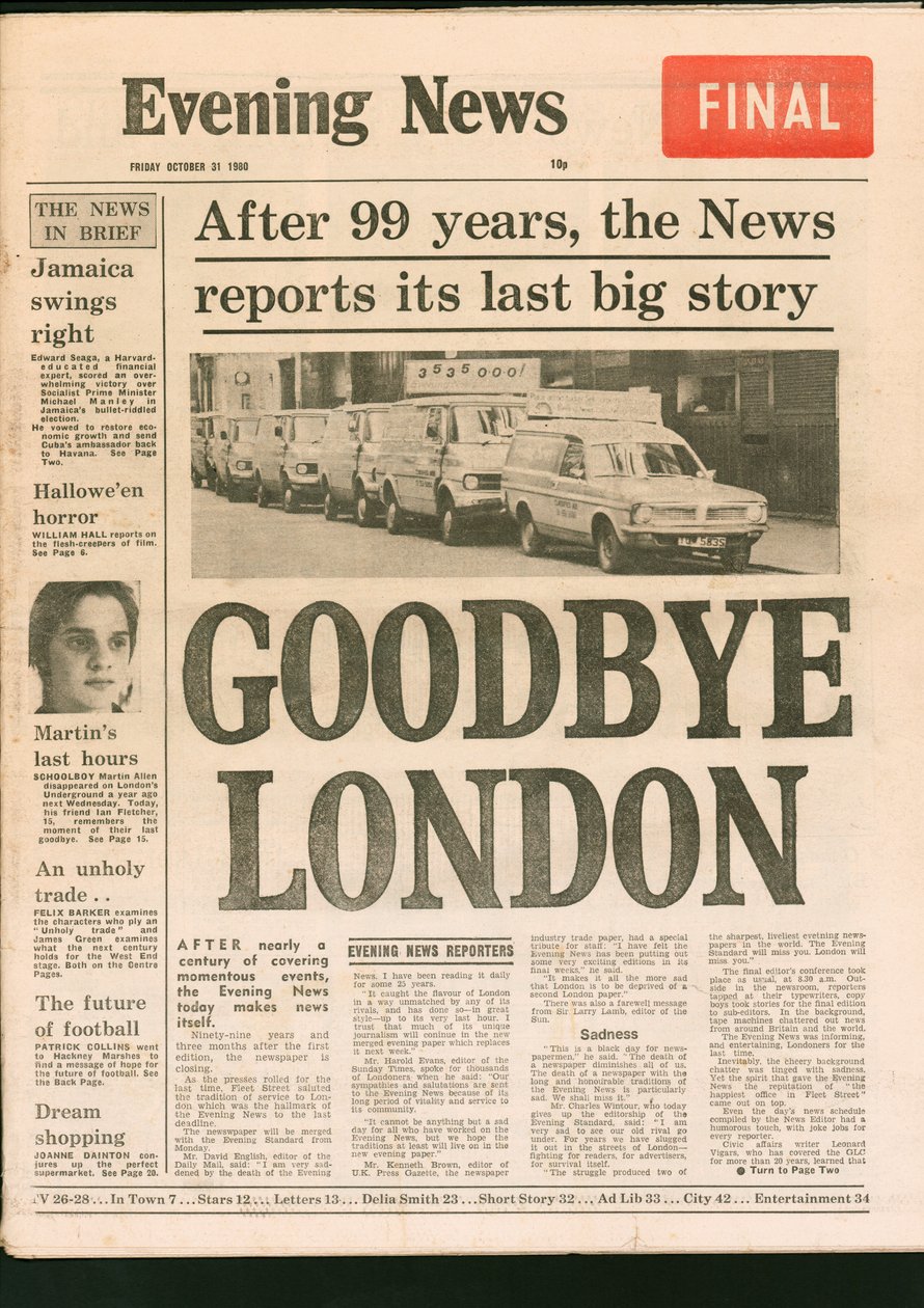 Endelig utgave av avisen Evening News, 1980 av Unbekannt