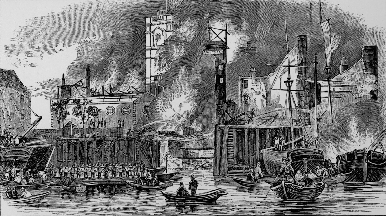 Brann ved Toppings Wharf, London Bridge, 1843, c1843, 1912. av Unbekannt