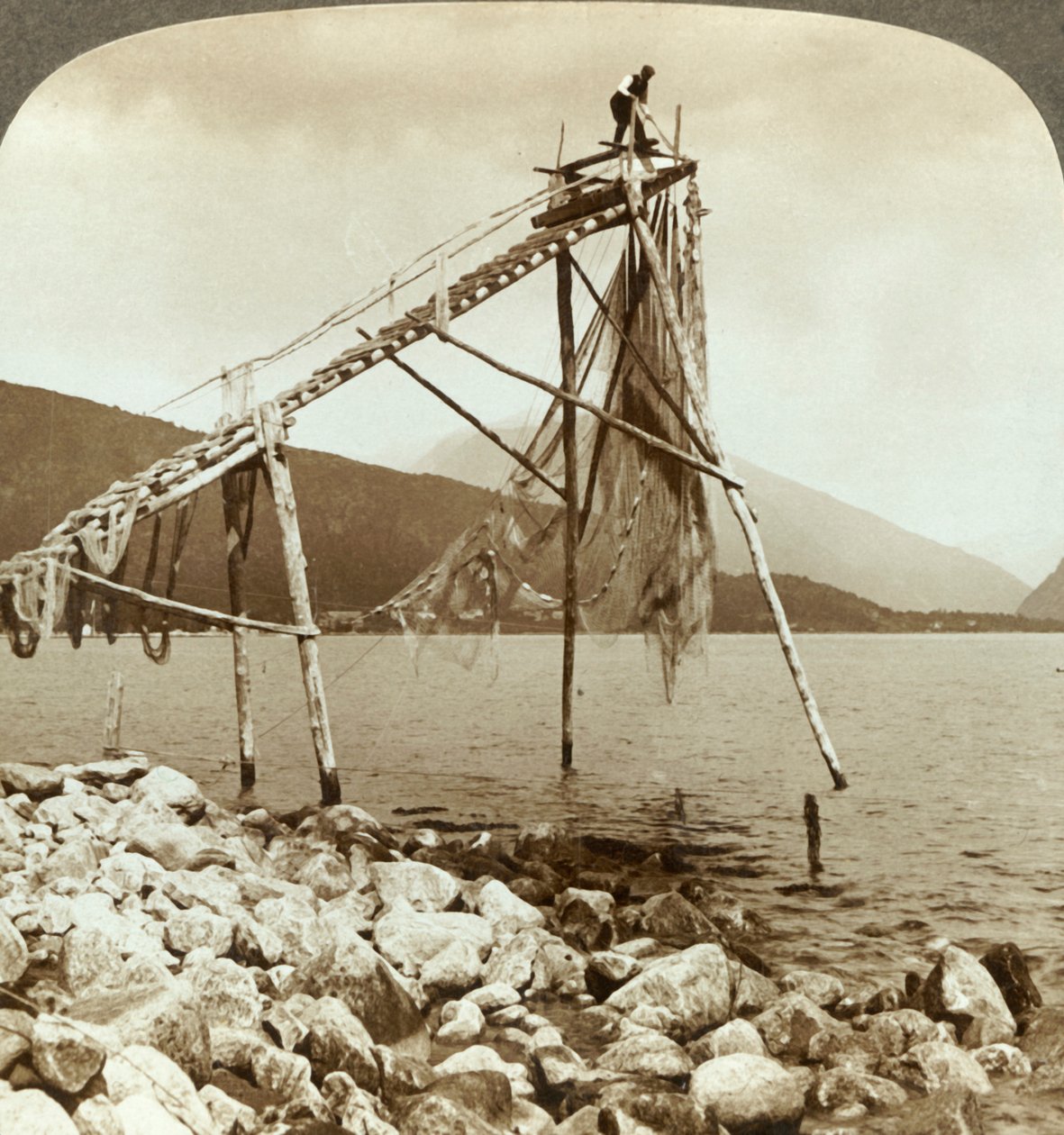 Fisker som ordner laksegår ved Balestrand på Sognefjord - Balholm i avstand, Norge, c1905. av Unbekannt