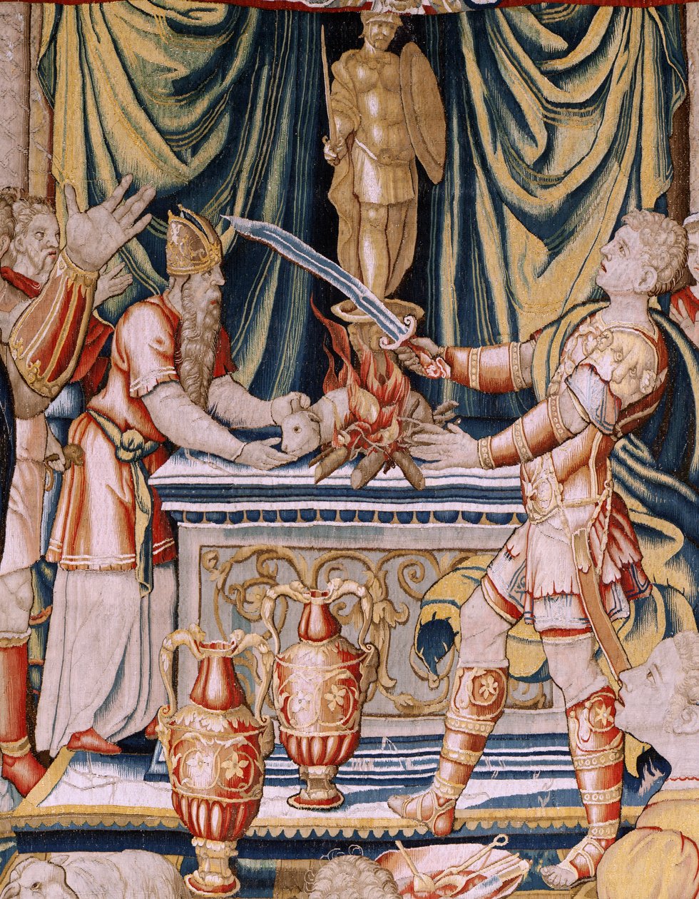 flamsk billedvev. Serien Hannibals historie. Hannibals ed (Juramento de Aníbal). Første billedvev i serien. Tegneserier anonym mester i Nederland. Produsere verksteder i Brussel. Ca 1570. Stoff Ull og silke, 6,5/7 varp pr cm. Størrelse 34 av Unbekannt