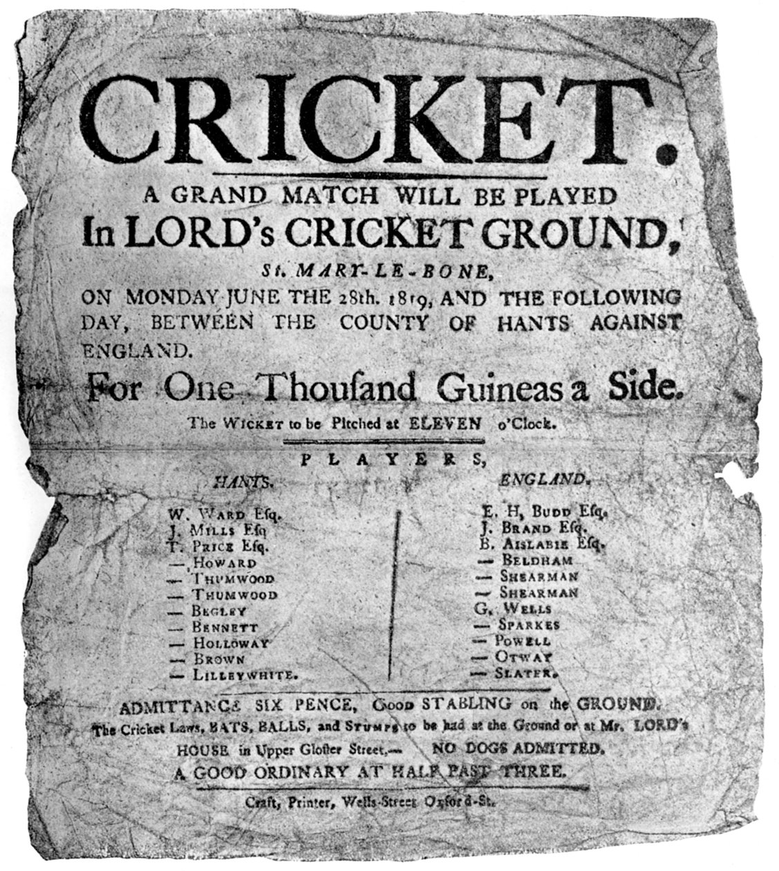 Flyer som annonserer en cricketkamp mellom Hampshire og England, 1819 1912 av Unbekannt