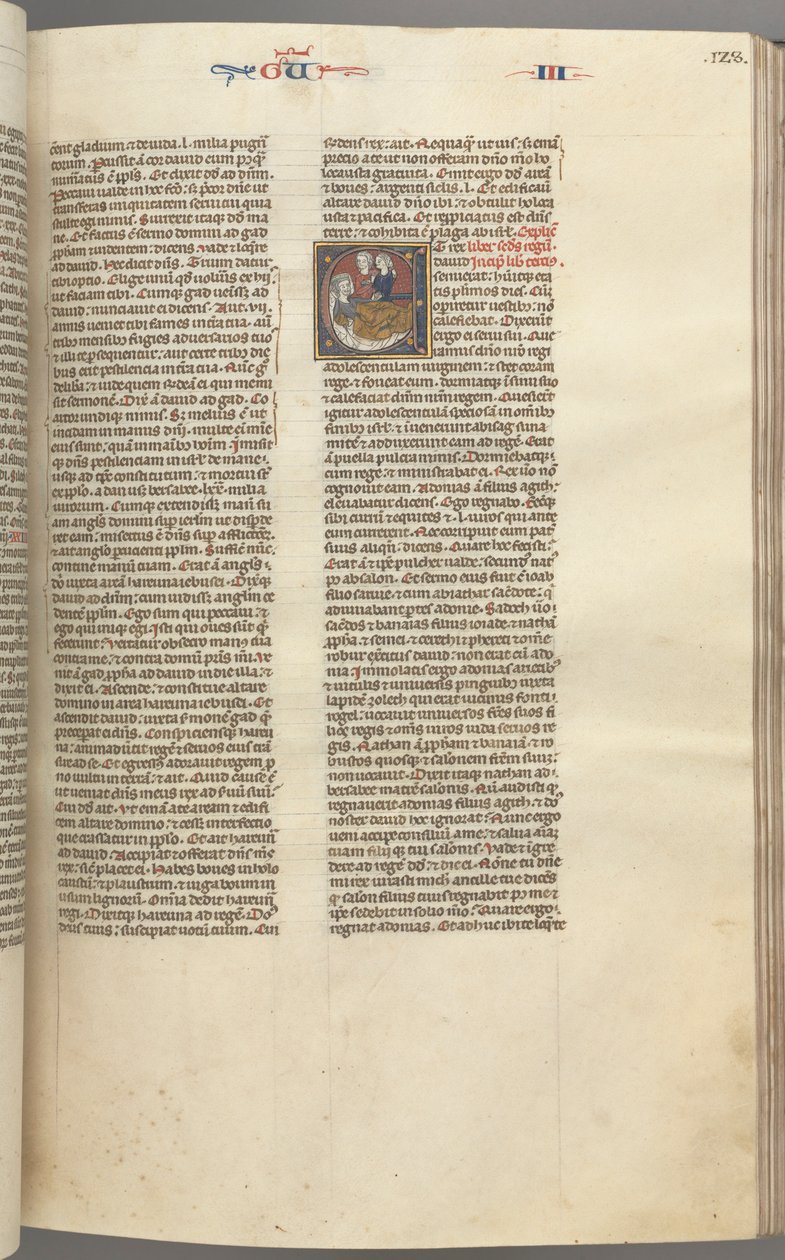 Fol. 123r, Kings III, historisk initial E, en ledsager som brakte Abishag til David..., ca. 1275-1300 av Unbekannt