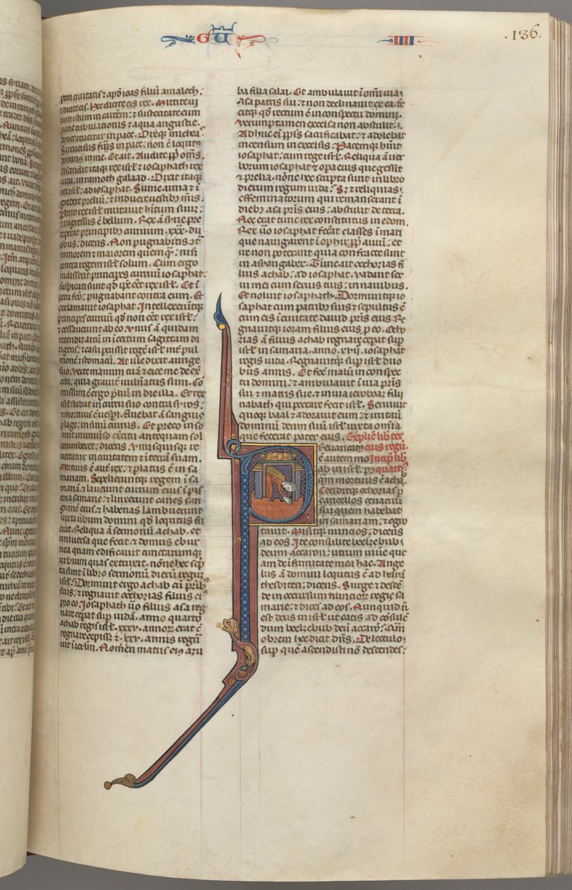 Fol. 136r, Kings IV, historikk initial P, Ahasja faller fra et tårn, ca. 1275-1300. av Unbekannt